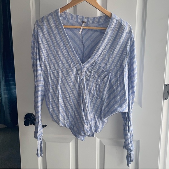 Free People Morning Solid Blue and White Striped Long Sleeve Top $68 Blue White - Picture 3 of 9